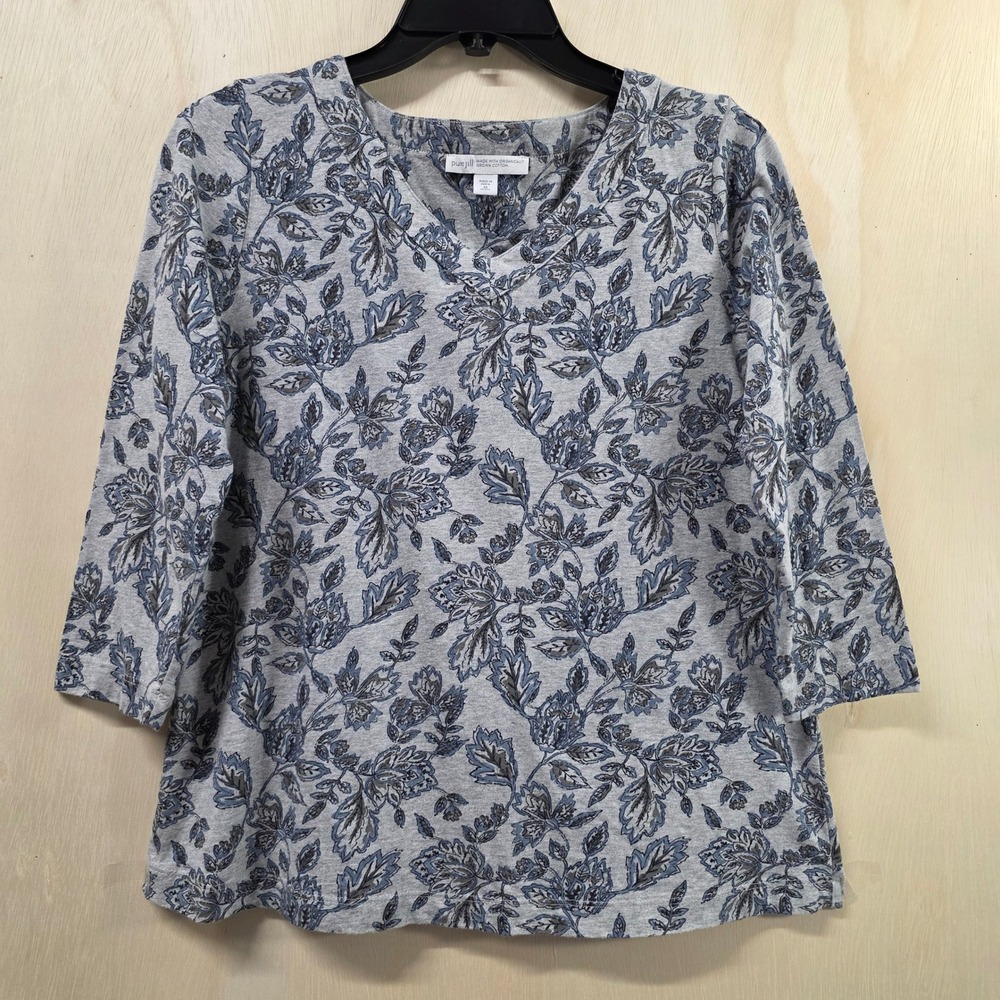 Pure Jill Organic Cotton V-Neck Floral Leaf Print 3/4 Sleeve Top Grey Blue XSP